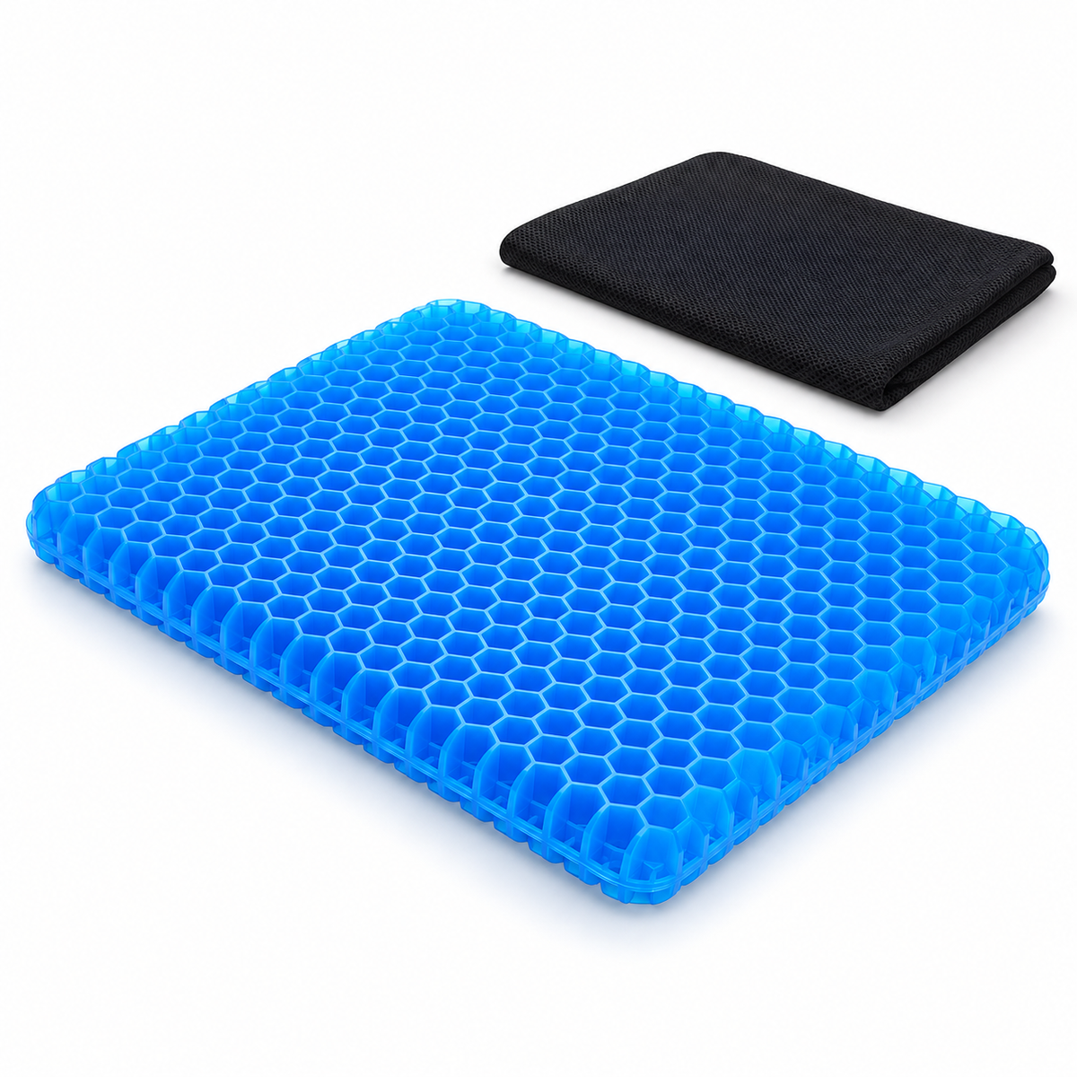 Blue honeycomb gel seat cushion with a separate black fabric cover on a white background