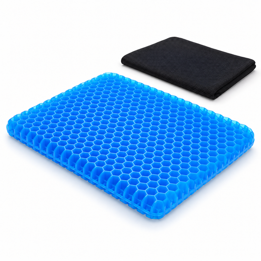 Blue honeycomb gel seat cushion with a separate black fabric cover on a white background